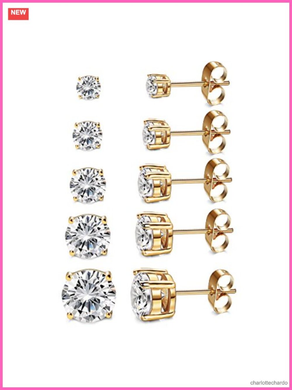 14K Gold Plated CZ Stud Earrings Hypoallergenic 5-Pack
